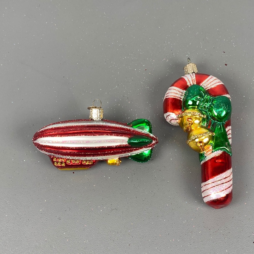 Old World Christmas Blimp & Candy Cane Glass Ornament Set Red Green Glitter
